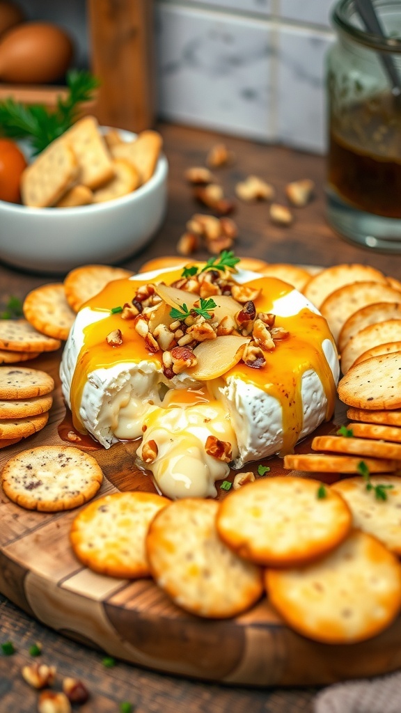 Melted baked brie with honey and nuts on a wooden board, accompanied by crackers and baguette slices.
